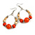 Orange Ceramic/ Natural Wood Bead Hoop Earrings In Silver Tone - 70mm Long