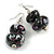 Abstract Pattern in Black/ White/ Pink Double Bead Wood Drop Earrings with Silver Tone Closure - 55mm Long - view 4