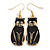 Black/ Blue Enamel Cat Drop Earrings In Gold Tone Metal - 50mm Long