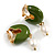 30mm Drop Olive Green Enamel Half Hoop with Freshwater Pearl Clip On Earrings In Gold Tone