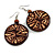 Brown Wooden Round Disk Drop Earrings with Leaf Motif - 70mm Long