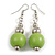 Lime Green Painted Wood and Silver Acrylic Bead Drop Earrings - 55mm L