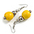 Yellow Painted Wood and Silver Acrylic Bead Drop Earrings - 55mm L - view 3