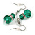Green Double Glass with Crystal Ring Drop Earrings In Silver Tone - 40mm L - view 2