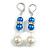 Blue/White Faux Pearl Glass Bead with Clear Crystal Spacer Drop Earrings in Silver Tone - 60mmL