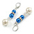 Blue/White Faux Pearl Glass Bead with Clear Crystal Spacer Drop Earrings in Silver Tone - 60mmL - view 4