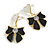 White Heart Black Enamel Bow Drop Earrings in Gold Tone - 35mm Drop - view 2