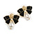 Black Enamel Bow White Faux Pearl Stud Earrings in Gold Tone - 20mm Across - view 6