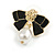 Black Enamel Bow White Faux Pearl Stud Earrings in Gold Tone - 20mm Across - view 4