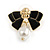 Black Enamel Bow White Faux Pearl Stud Earrings in Gold Tone - 20mm Across - view 7