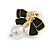 Black Enamel Bow White Faux Pearl Stud Earrings in Gold Tone - 20mm Across - view 5
