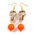 Long Gold Acrylic Link and Orange Plastic Bead Dangle Earrings in Gold Tone - 80mm L