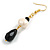 Black Glass Bead/ Freshwater Pearl Drop Earrings in Gold Tone - 60mm Long - view 6