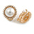 Classic Faux Pearl Clear Crystal Button Shape Clip On Earrings in Gold Tone - 17mm Diameter - view 2