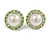 White Faux Pearl Light Green Crystal Button Shape Stud Earrings in Silver Tone - 18mm D - view 2