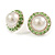 White Faux Pearl Light Green Crystal Button Shape Stud Earrings in Silver Tone - 18mm D