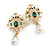 Victorian Style Green Crystal White Faux Pearl Drop Earrings in Gold Tone - 50mm L - view 2