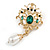 Victorian Style Green Crystal White Faux Pearl Drop Earrings in Gold Tone - 50mm L - view 5