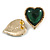 Green Glass Heart Stud Earrings in Gold Tone - 30mm Tall - view 2