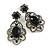 Victorian Style Filigree Black Crystal Clip On Earrings in Aged Silver Tone - 45mm L