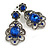 Victorian Style Filigree Sapphire Blue Crystal Clip On Earrings in Aged Silver Tone - 45mm L