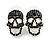 Black Crystal Skull Stud Earrings In Silver Tone - 20mm Tall