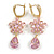 Pink CZ Floral Dangle Earrings in Gold Plated Metal with Leverback Closure - 50mm L