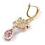 Pink CZ Floral Dangle Earrings in Gold Plated Metal with Leverback Closure - 50mm L - view 5