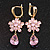 Pink CZ Floral Dangle Earrings in Gold Plated Metal with Leverback Closure - 50mm L - view 2