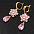 Pink CZ Floral Dangle Earrings in Gold Plated Metal with Leverback Closure - 50mm L - view 9