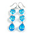 Multi Heart Blue Glass Drop Earrings in Rhodium Plating - 55mm Long