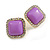 Acrylic Purple with Crystal Element Square Stud Earrings in Gold Tone - 20mm Tall - view 4