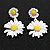 Matt White/Yellow Daisy Flower Drop Earrings - 40mm L - view 2