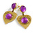 Romantic Heart with Purple Glass Bead Drop Earrings in Gold Tone - 55mm Long