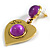 Romantic Heart with Purple Glass Bead Drop Earrings in Gold Tone - 55mm Long - view 5