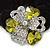 Large Layered Rhodium Plated Crystal Flower Pony Tail Black Hair Scrunchie - Olive Green/ Clear/ AB - view 2