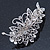 Bridal Wedding Prom Silver Tone Filigree Diamante 'Flower & Leaves' Barrette Hair Clip Grip - 90mm Across - view 7
