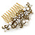 Vintage Inspired Clear Austrian Crystal White Glass Pearl Side Hair Comb In Gold Tone - 90mm