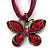Pink/Magenta Diamante 'Butterfly' Cotton Cord Pendant Necklace In Bronze Metal - 38cm Length/ 8cm Extension