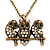 'Three Wise Owls' Long Diamante Pendant Necklace In Burn Gold Metal - 62cm Length/ 5cm Extension