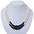 Two Row White Simulated Glass Pearl & Black Crystal Beads Necklace - 46cmc Length /6cm Extension - view 2