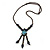 Vintage Inspired Blue Ceramic Bead Tassel Brown Silk Cord Necklace - 58cm Long