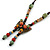 Bronze Tone, Multicoloured Ceramic Bead Butterfly Pendant with Brown Silk Cord Necklace - 76cm L/ 7cm Tassel - view 3