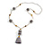 Light Grey Pom Pom, Tassel, Transparent Glass Bead Long Necklace - 88cm L/ 10cm Tassel