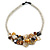 Stunning White Glass Bead with Shell Floral Motif Necklace (Brown, Yellow, Grey) - 48cm Long