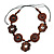 Brown Wood Floral Motif Black Cord Necklace - 60cm L/ Adjustable