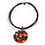 Black Rubber Cord Necklace with Multicoloured Wood Bead Medallion Pendant - 40cm L