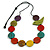 Long Multicoloured Wooden Coin Bead and Bird Black Cotton Cord Necklace/ 96cm Max Length/ Adjustable