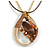Brown/Orange Glass/Resin Bead Oval Pendant with Brown Cotton Cord/Gold Tone Chain - 42cm L/ 6cm Ext
