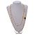 Faux Pearl White Bead With White/Black Enamel Daisy Motif Double Chain Long Necklace in Gold Tone - 86cm L - view 3